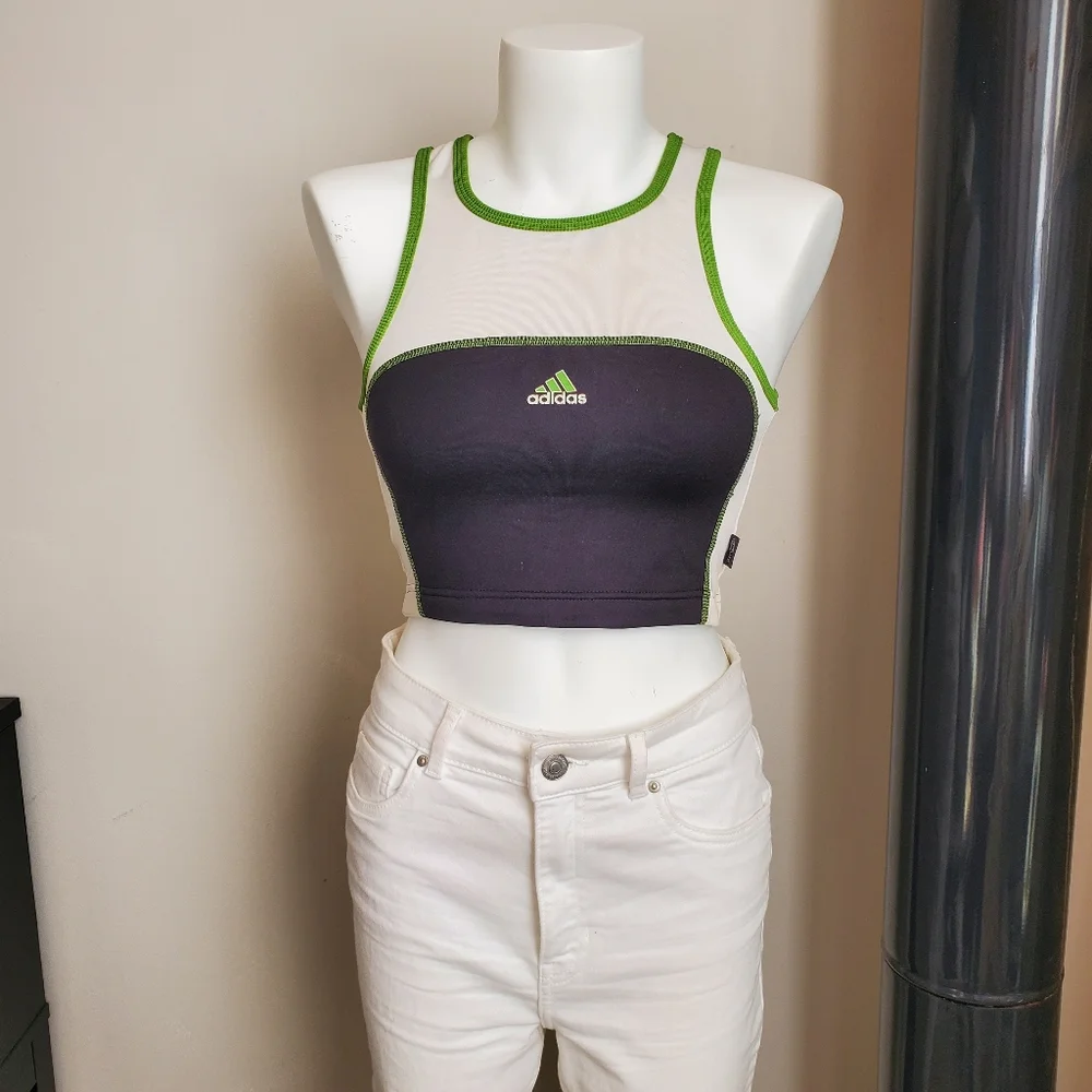 Vintage Adidas sports top, black/green/white, seize M - Picture 2 of 5